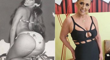 Rita Cadillac aos 20 anos, de biquíni e salto-alto, e em foto atual, aos 64 anos - Foto: Reprodução/ Instagram