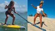 Emelly Souza praticando sandboard nas dunas e stand up paddle no mar - Fotos: @souaemelly / Reprodução