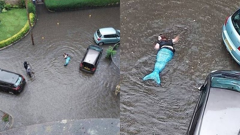 Mulher é flagrada nadando durante enchente usando cauda de sereia - Foto: Reprodução / Facebook