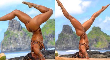 Aline Riscado mostrou equilíbrio e força ao fazer posturas de yoga na praia - Foto: Reprodução/ Instagram