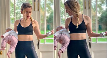 Amber Heard segura a filha, Oonagh Paige, enquanto malha - Foto: Reprodução / Instagram