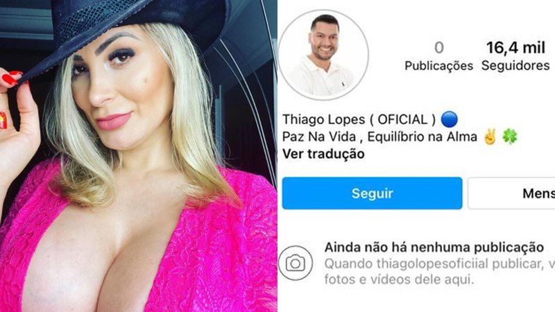 Andressa Urach e Thiago Lopes deletam posts após exposição sobre prostituição - Foto: Reprodução / Instagram @thiagolopesoficiial @andressaurachoficial