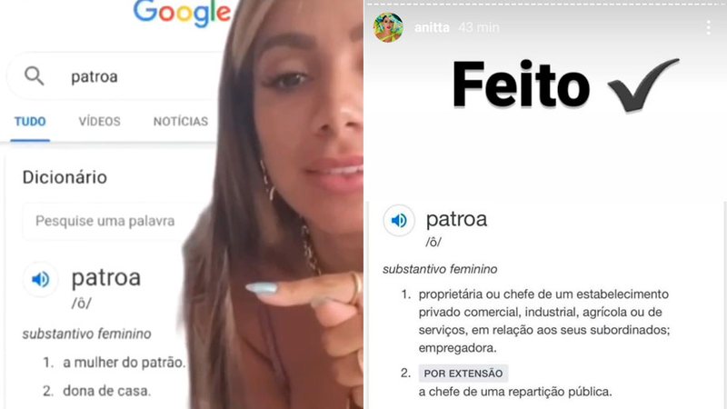 Anitta fez o Google mudar a definição da palavra patroa - Foto: Reprodução/ Instagram