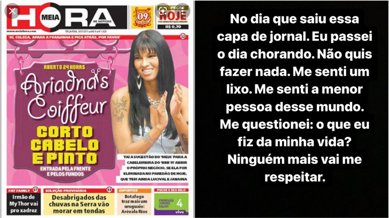 Ariadna mostrou capa de jornal com matéria pejorativa e lamentou o tratamento recebido - Foto: Reprodução / Twitter