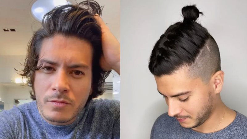 Ator raspou as laterais do cabelo e deixou o visual em estilo "coque samurai" - Reprodução/Instagram/@arthuraguiar/@ezequielblanc