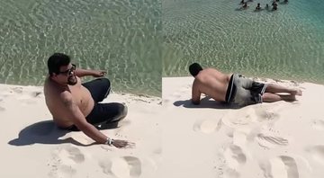 Babu Santana rola na areia e se diverte durante viagem aos Lençóis Maranhenses - Foto: Reprodução / Instagram