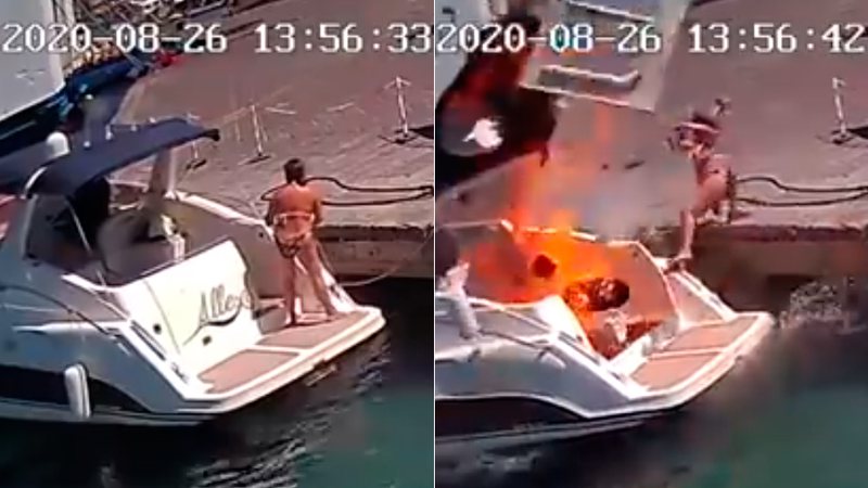 Mulher foi arremessada para a água após barco explodir na Itália - Foto: Reprodução/ YouTube