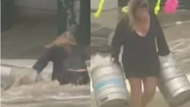 Mulher se arrisca em mar revolto para salvar barris de cerveja - Foto: Reprodução / YouTube