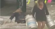 Mulher se arrisca em mar revolto para salvar barris de cerveja - Foto: Reprodução / YouTube