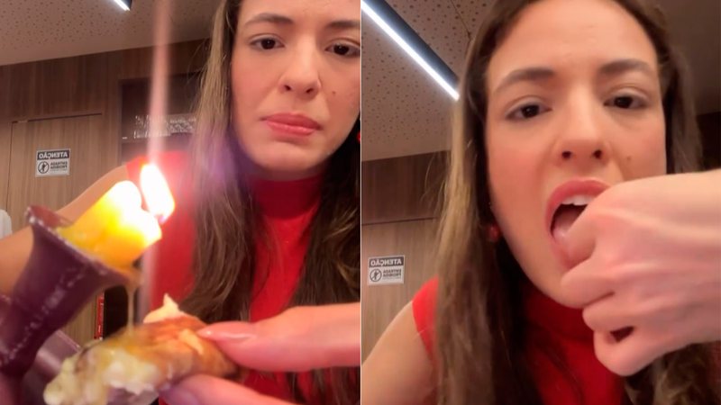 Beatriz Reis ficou surpresa com vela comestível em Parintins - Foto: Reprodução/ Instagram@beatrizreisbrasil