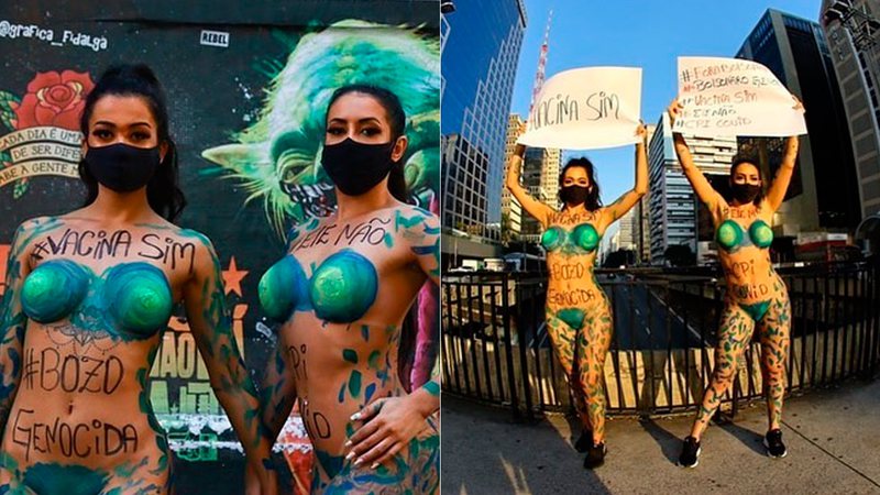 Camila Black e Deia Cavalheiro protestaram com os corpos pintados na Av. Paulista - Foto: Reprodução/ Instagram@gemeasjamantas
