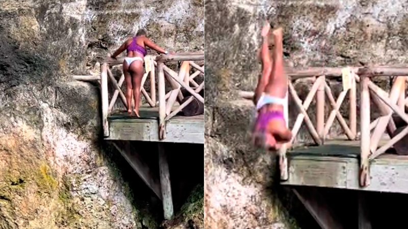 Daiane dos Santos arriscou salto duplo carpado em Punta Cana - Foto: Reprodução/ Instagram@daiane_gs_