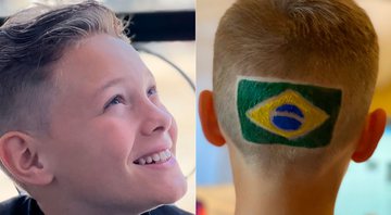 Davi Lucca pintou a bandeira do brasil na cabeça para ver o jogo da seleção - Foto: Reprodução/ Instagram@candantas