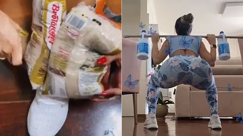 Denise Dias usou sacos de arroz e feijão e produtos de limpeza durante treinos em casa - Foto: Reprodução/ Instagram