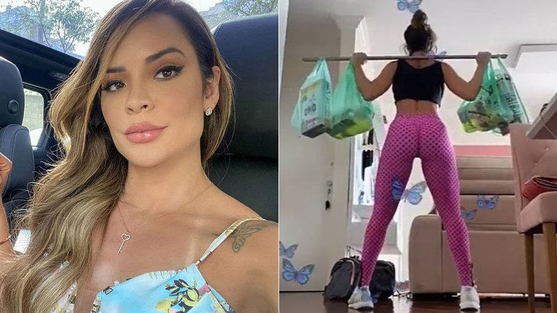 Denise Dias usou sacolas de compras e litros de cândida como peso durante o isolamento - Foto: Reprodução/ Instagram