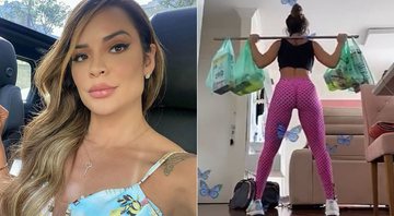 Denise Dias usou sacolas de compras e litros de cândida como peso durante o isolamento - Foto: Reprodução/ Instagram