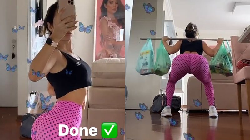 Denise Dias usou uma calça como elástico e sacolas de mercado para turbinar o treino - Foto: Reprodução/ Instagram