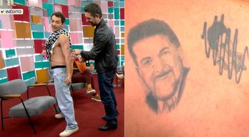 Eduardo Sterblitch mostrou tatuagens aleatórias no “Papo de Segunda” - Foto: GNT/ Papo de Segunda