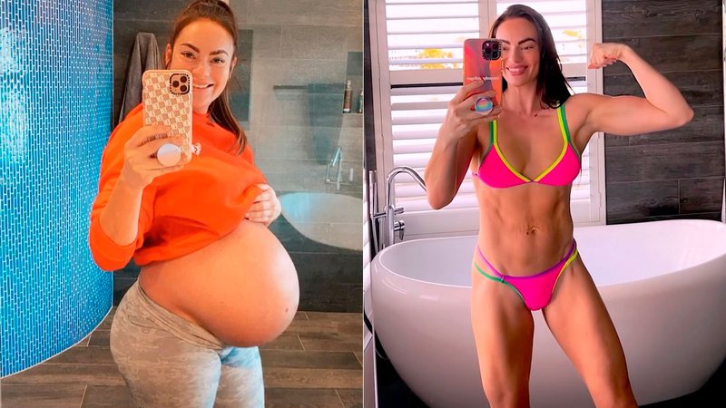 Emily Skye na reta final da gravidez e 11 meses após o nascimento de seu segundo filho - Foto: Reprodução/ Instagram@emilyskiefit