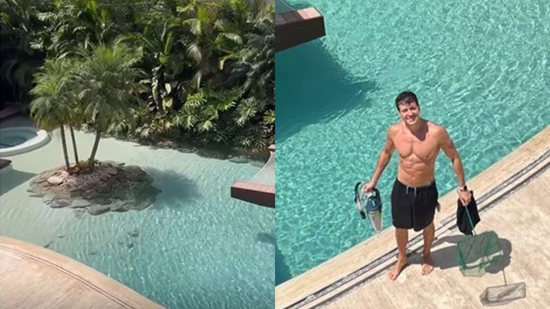 Rodrigo Faro aparece nas redes sociais limpando piscina de sua mansão - Foto: Reprodução / Instagram @veraviel