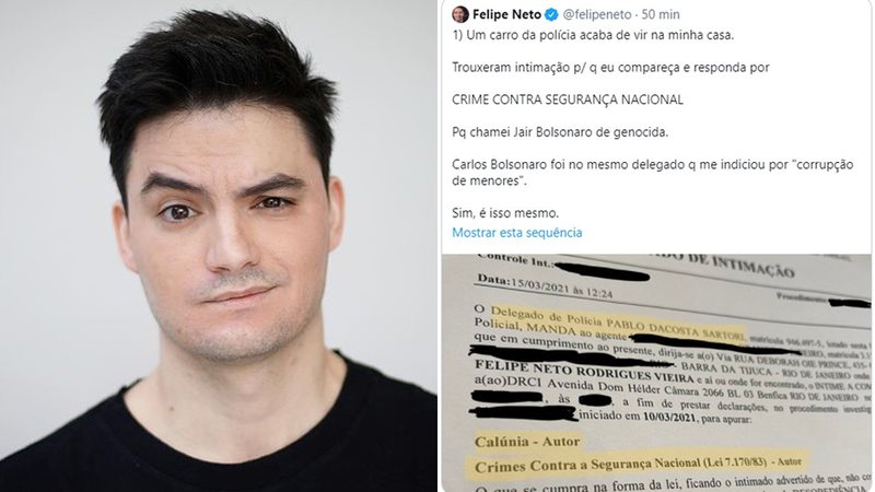 Felipe Neto já havia sido processado por Carlos Bolsonaro na semana passada - Reprodução/Twitter@felipeneto, Instagram@felipeneto