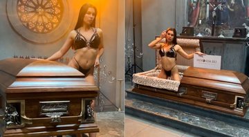 Funerária russa foi criticada por usar modelos de lingerie em campanha - Foto: Reprodução/ Instagram@horonim.ru
