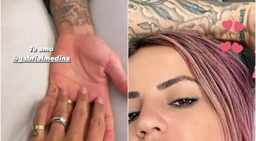 Gabriel Medina com a suposta tatuagem coberta, e a mesma no pulso de Letícia Bufoni - Foto: Reprodução / Instagram