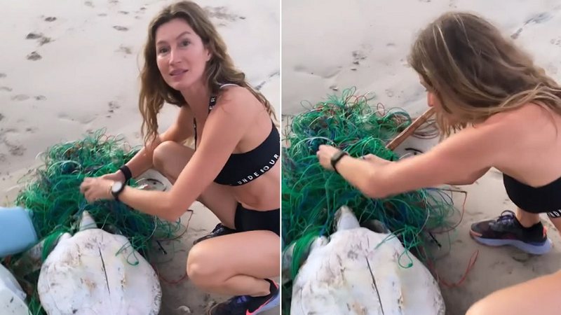 Gisele Bündchen retirou uma tartaruga presa no lixo em uma praia - Foto: Reprodução / Instagram
