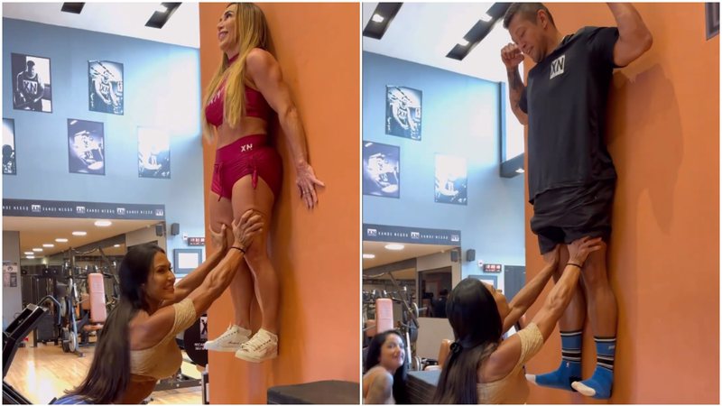 Gracyanne Barbosa segura pessoas pelos joelhos em desafio na academia - Foto: Reprodução / Instagram