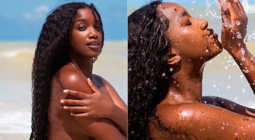 Iza surpreendeu seguidores ao postar fotos de topless na praia - Foto: Reprodução/ Instagram@iza e @carolcaminha