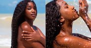 Iza surpreendeu seguidores ao postar fotos de topless na praia - Foto: Reprodução/ Instagram@iza e @carolcaminha