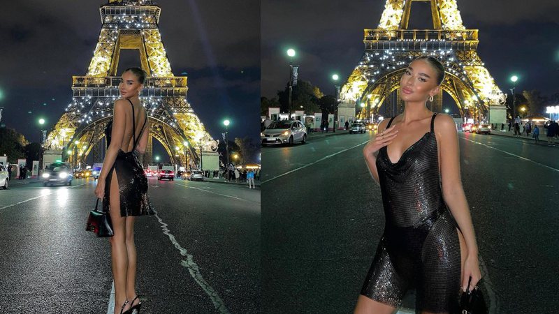 Modelo surgiu usando um vestido glamuroso enquanto "desfilava" na rua da cidade de Paris - Reprodução / Instagram @jesshunt2