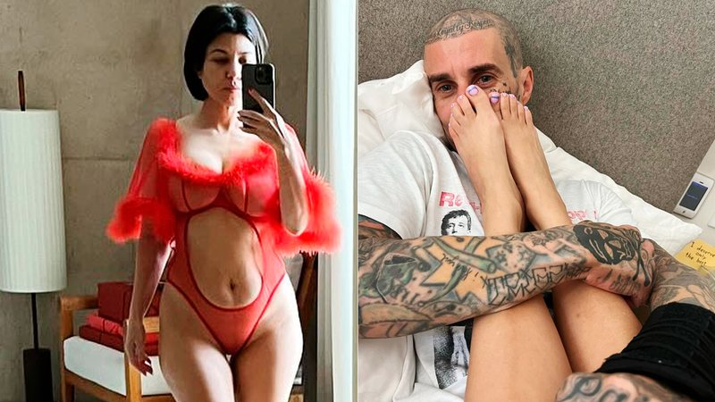 Kourtney Kardashian exibiu corpão de lingerie e mostrou fetiche do marido por pés - Foto: Reprodução/ Instagram@travisbarker