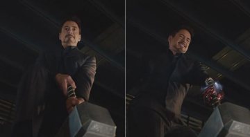 Tony Stark tenta levantar o martelo e Thor em cena de Vingadores: Era de Ultron - Créditos: Reprodução