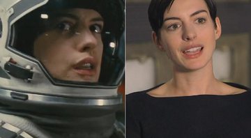 Anne Hathaway em cena de Interestelar (à esquerda) e nos bastidores do filme - Créditos: Reprodução