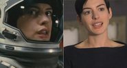 Anne Hathaway em cena de Interestelar (à esquerda) e nos bastidores do filme - Créditos: Reprodução