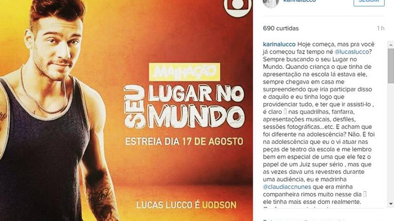 Karina Lucco comemora estreia de Lucas em Malhação - Foto: Reprodução/Instagram