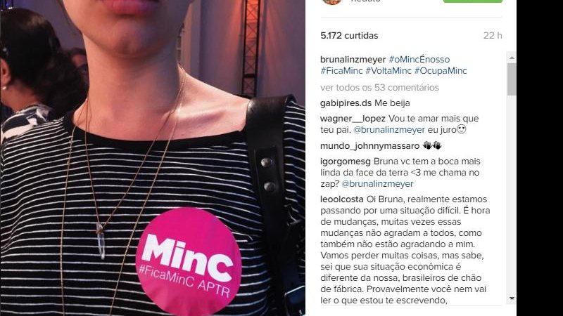 Bruna Linzmeyer protesta contra decisão do Governo de extinguir o Ministério da Cultura - Foto: Reprodução/Instagram