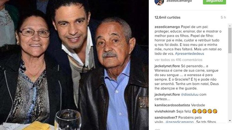 Zezé postou uma foto em que aparece ao lado dos pais, lado dos pais, Seu Francisco e Dona Helena - Foto: Reprodução/ Instagram