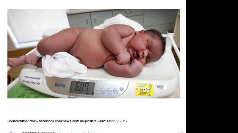Brian Liddle Jr. nasceu de parto normal pesando incríveis 6,07 quilos - Foto: Reprodução/ Twitter/ Australia Trends