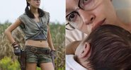 A atriz Christian Serratos como Rosita, na série The Walking Dead, e com a filha recém-nascida - Foto: Divulgação e Reprodução/ Instagram