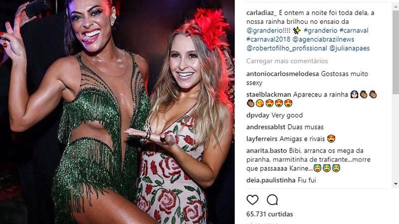 Carla Diaz reencontrou Juliana Paes no ensaio da Grande Rio, no último domingo (28/01) - Foto: Reprodução/ Instagram