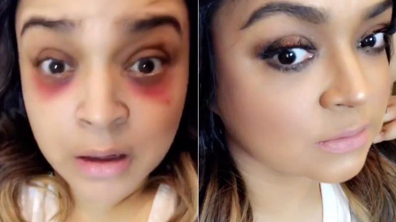 Preta Gil durante o processo de maquiagem (já com batom no rosto) e depois - Foto: Reprodução/ Instagram