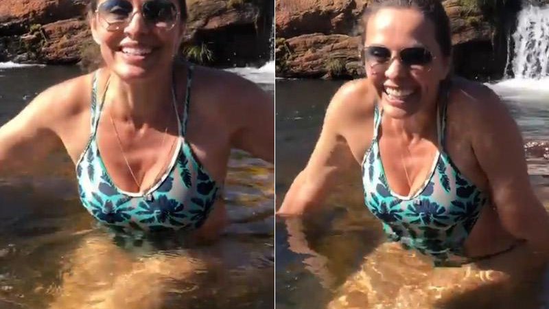 Carla Vilhena tomou coragem e encarou as águas geladas da Cachoeira dos Cristais, na região de BiriBiri, em Minas Gerais - Foto: Reprodução/ Instagram