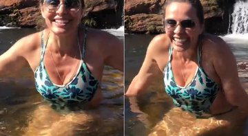 Carla Vilhena tomou coragem e encarou as águas geladas da Cachoeira dos Cristais, na região de BiriBiri, em Minas Gerais - Foto: Reprodução/ Instagram