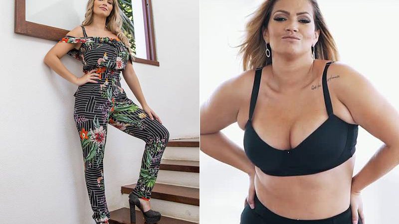 Fani Pacheco atualmente, com 60 quilos, e em campanha de moda plus size, na época em que havia engordado - Foto: Reprodução/ Instagram