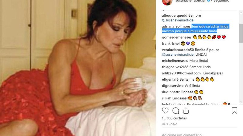 Susana Vieira posou com vestido decotado e fez charme à beira da cama - Foto: Reprodução/ Instagram