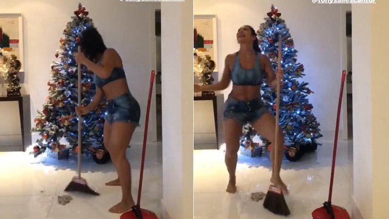 Scheila Carvalho se empolgou com a limpeza e dançou com a vassoura - Foto: Reprodução/ Instagram