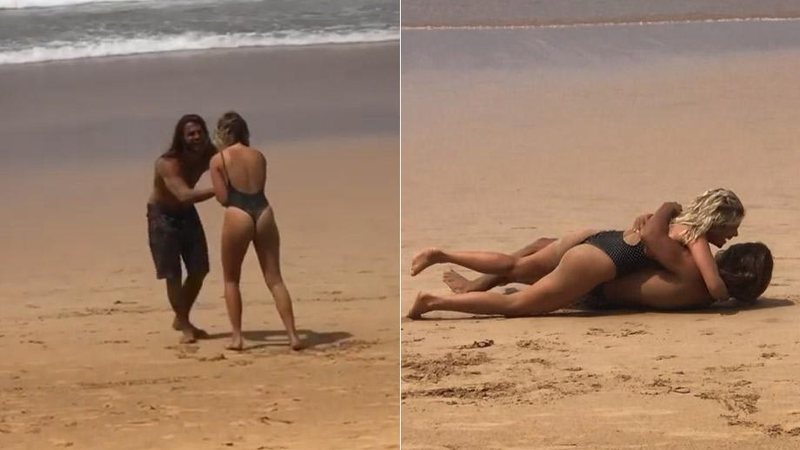Isabella Santoni e Caio Vaz brincaram de jiu-jitsu e depois rolaram na areia - Foto: Reprodução/ Instagram