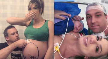 Mayara Lepre às vésperas do parto, e depois com o marido, Thiago, e o filho, Pedro - Foto: Reprodução/ Instagram